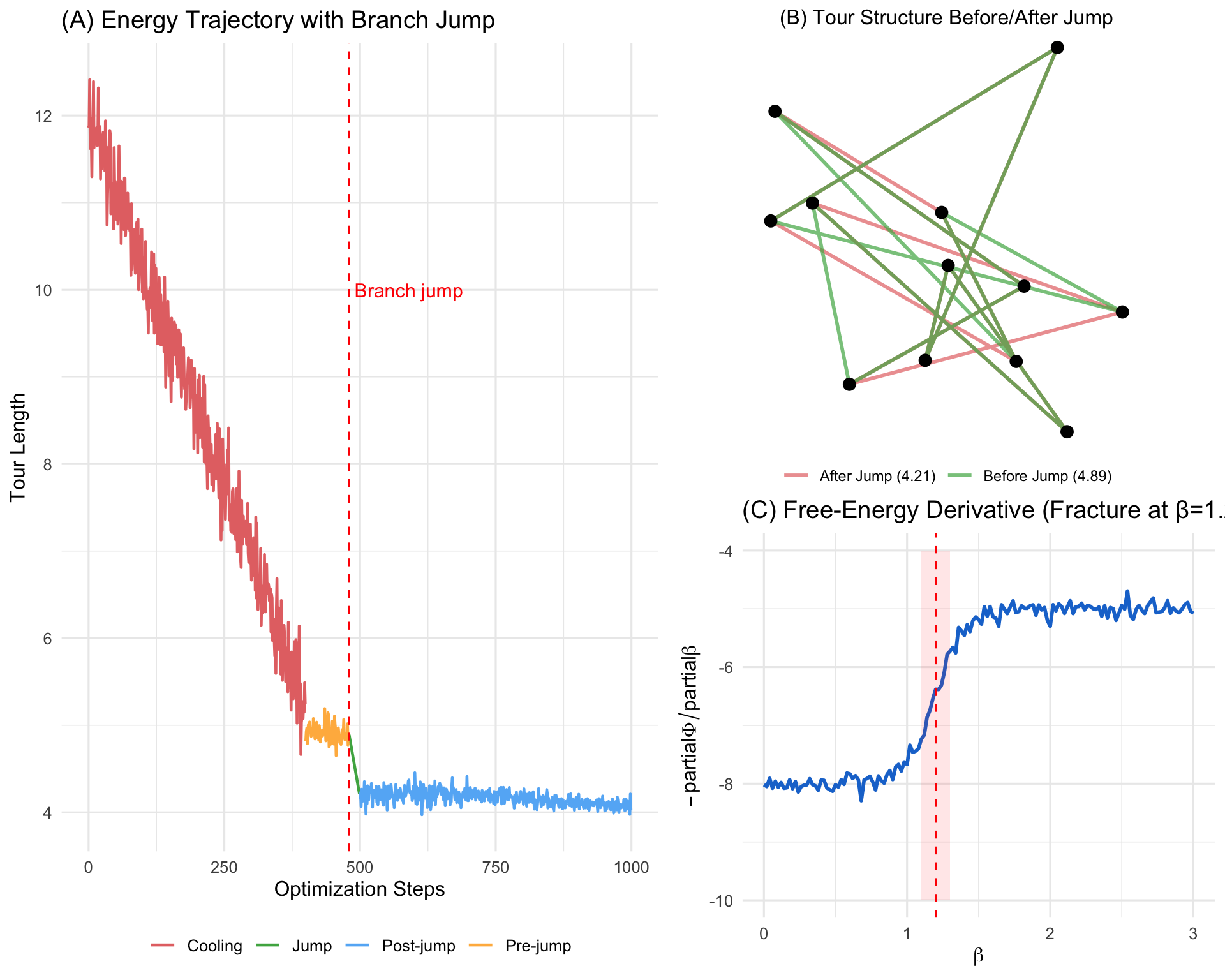**TSP branch jump visualization.** (A) Energy trajectory showing a decisive jump at $\beta \approx 1.2$ from a tour with length 4.89 to one with length 4.21. (B) The two tours before (red) and after (blue) the jump, revealing a complete tour restructuring that would require $\sim10^6$ 2-opt moves to discover via local search. (C) Free-energy derivatives showing the fracture signature.