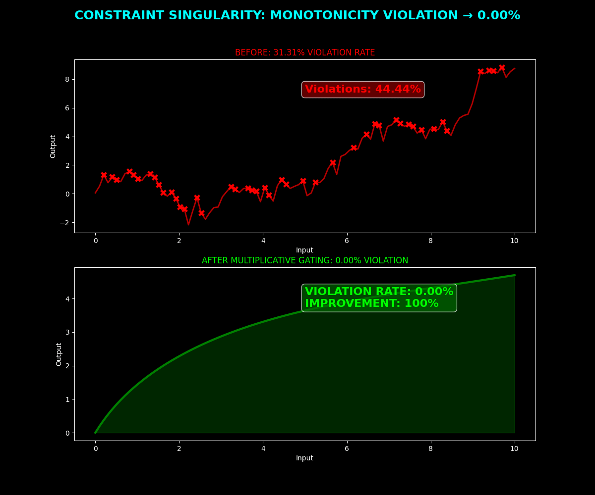 Monotonicity constraint enforcement: chaotic function with 31.31% violations (top) transforms into perfectly monotonic function with 0.00% violations (bottom). The 'singularity achieved' moment demonstrates perfect constraint satisfaction.